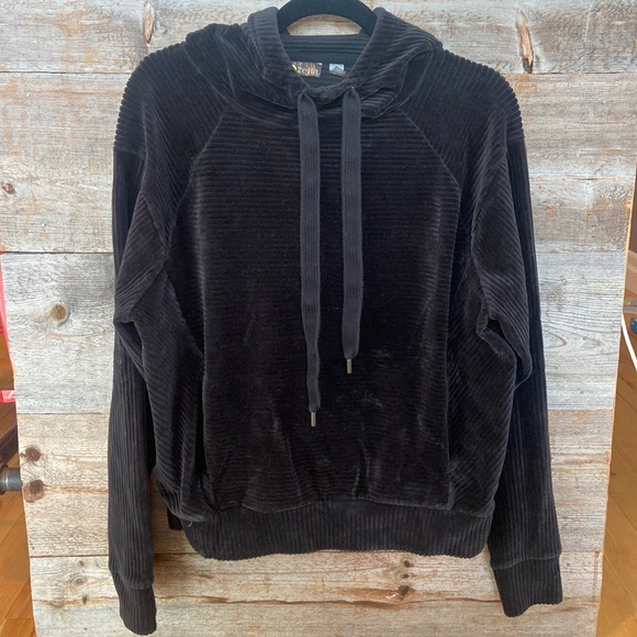 Zella Plush Corduroy Velour Ribbed Hoodie Sweatshirt Black Sz S - Picture 2 of 8